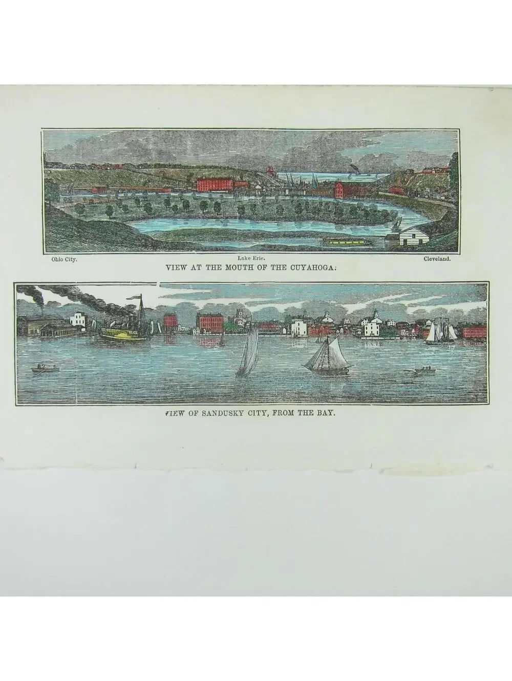 Engraving Print Ohio Cuyahoga River, Sandusky City Bay Hand Colored Antique 1847